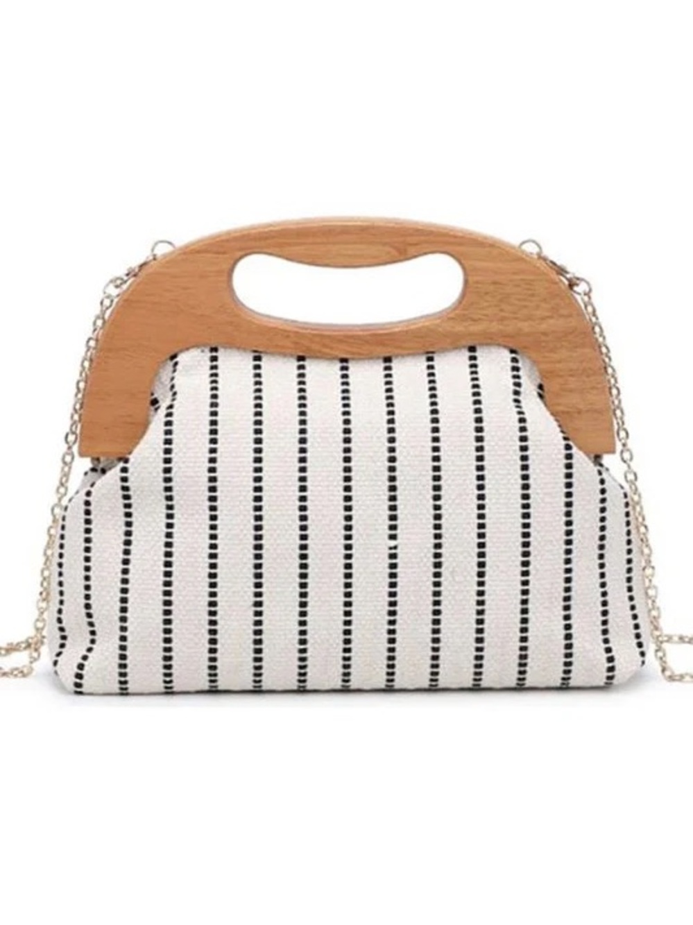 Striped Canvas Handbag with Wooden Handle - Black & White
